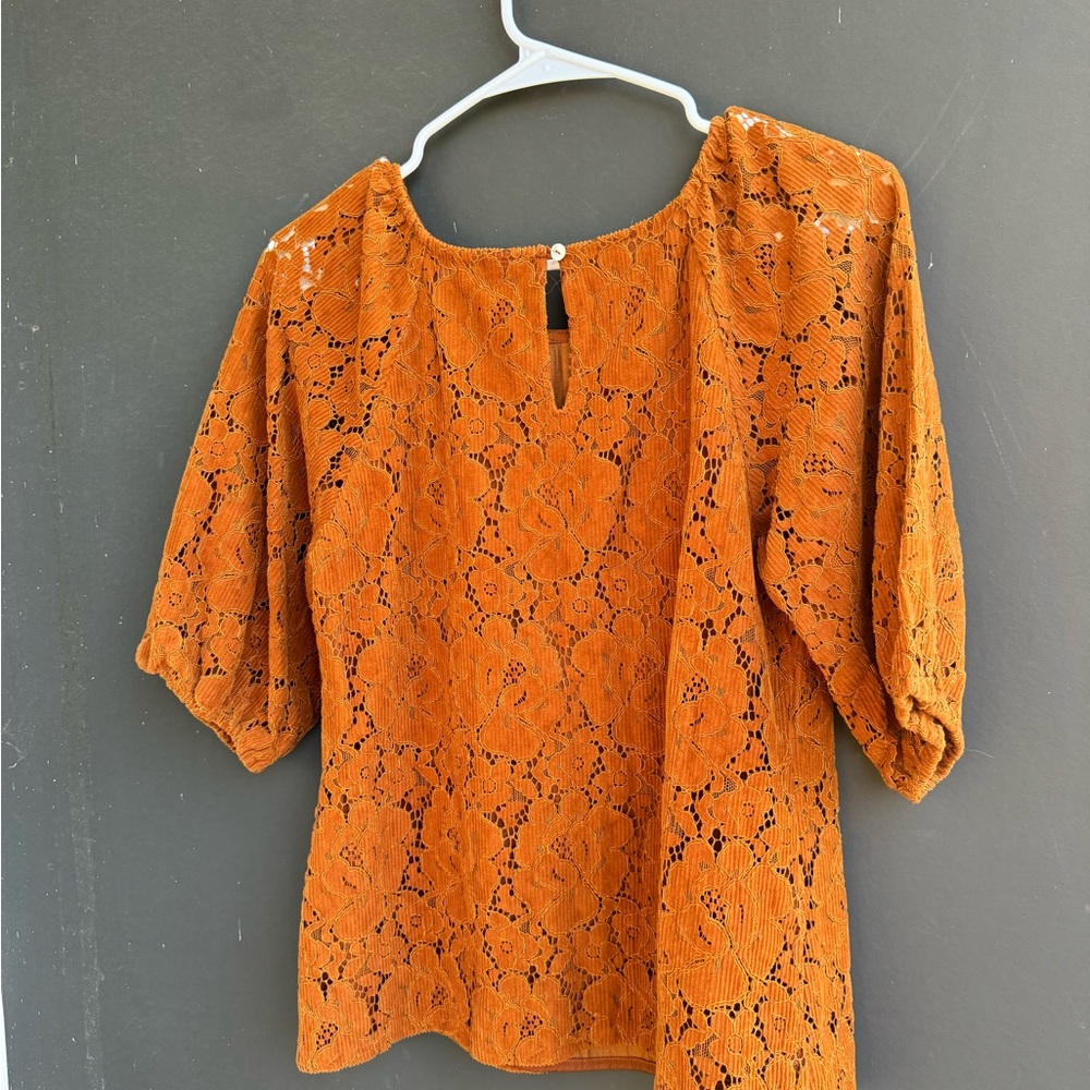 Anthropology Dolan corduroy Lace Puff-Sleeve Top in Rust Orange - Picture 7 of 10